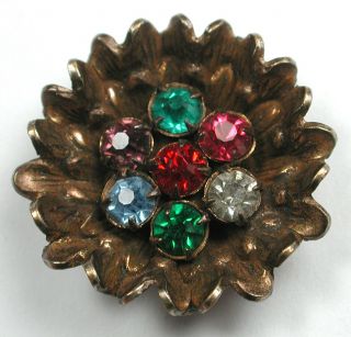 Vintage Brass Button Pretty Cupped Flower Design W/ Colorful Jewel Accents 7/8 "
