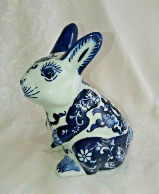 Delft Style Ceramic Porcelain Blue And White Bunny Rabbit Figurine 6.  25 Inches