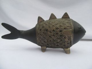 Vintage Heavy Black And Silver Metal Fish Figure Art Deco Style Aged Patina