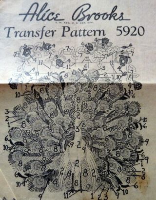 Vtg 1940s Alice Brooks Transfer Pattern Peackock Motifs Pattern