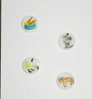 4 Vintage Glass Kiddie Buttons Assortment Drum,  Mouse,  Horse,  & Chicken.  1/2 ".