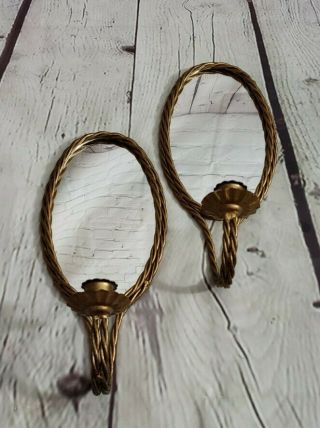 Vintage Mirror Wall Sconces Candle Holders Oval Hollywood Regency Gold