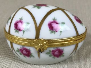 Porcelain Limoges France Hinged Egg Trinket Box W/roses & Gold Trim