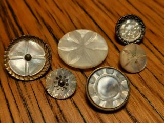 6 Very Unique Vintage Antique Mother Pearl Abalone Shell Carved Button