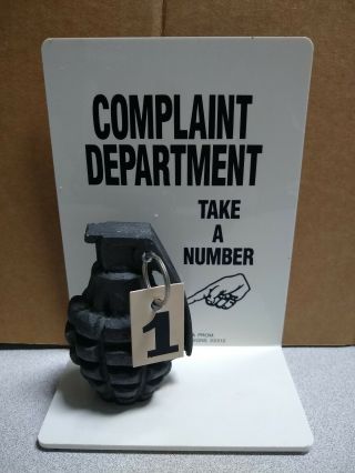 Rare Vintage 1989 Complaint Department Take A Number Grenade Desk Display Sign