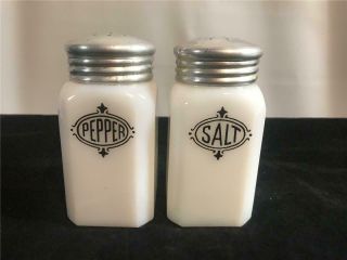 Hocking Milk Glass Range Salt & Pepper Shakers Black Lettering