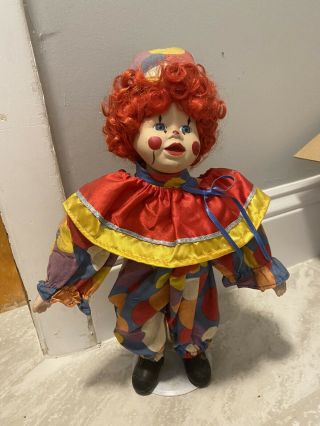 Porcelain Clown Doll On Stand Porcelain Head Hands Rare Vintage Collectible