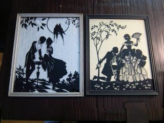 Set Of 2 Framed Vintage Reverse Painted Silhouettes Glass Foil 11 " X9 " Deltex Ny