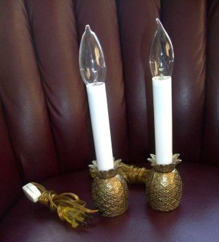 Vintage Mid Century Pair Solid Brass Candle Pineapple Decorative Mini Lamps