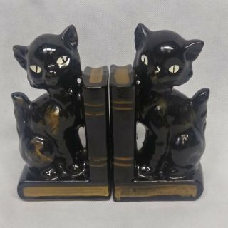 Black Cat Bookends Ceramic Japan Gold Trim