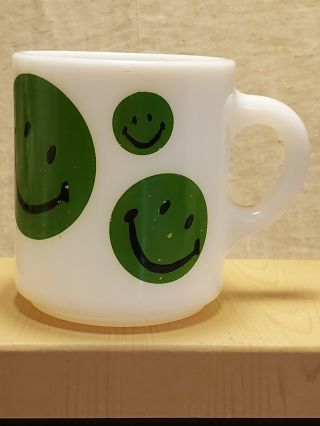 Vintage Green Smiley Face Coffee Mug Cup White Milk Glass