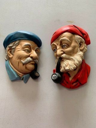 2 Vintage Chalkware Faces Each Appear To Be English And Have Pipes.  Awesome