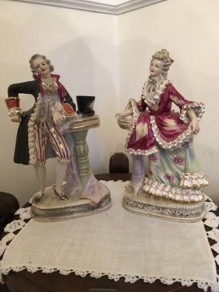 Wales Elegant French Man And Woman Bone China Lace Figurines Made In Japan
