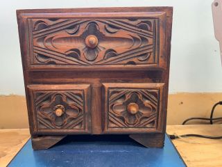 Vintage Small 6” X 5 3/4” X 3 3/4” Carved Wood 3 Drawer Storage Jewelry Box