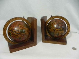 Vintage Old World Rotating Wooden Globe Bookends Set Of 2 Made In Italy Spins