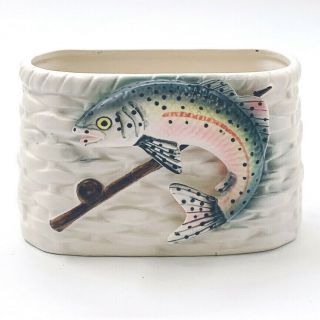 Vintage Napco Planter Vase Rainbow Trout Fish Wicker Creel Porcelain Ceramic