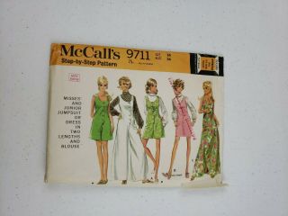 Mccalls 9711 Pattern Vtg 60s Mod Dress Jumpsuit Blouse Hip Jr Size 14 Bust 36