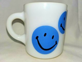 Vintage Blue Smiley Face Coffee Mug Cup White Milk Glass