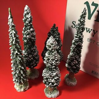 Dept 56 Village Snowy Evergreens Set Of 5 Large Cold Cast Porcelain Christmas 9 "