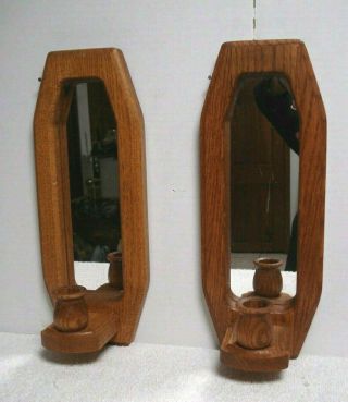 Vtg Pr Wood Oak Mirrored Entryway Wall Hanging Single Taper Candle Holder Sconce