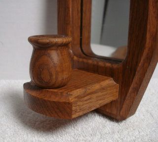 Vtg Pr Wood Oak Mirrored Entryway Wall Hanging Single taper Candle Holder Sconce 2