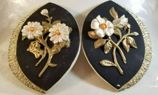 Vintage Oval Chalkware Flowers Wall Plaques Decor Black Gold White Copyright