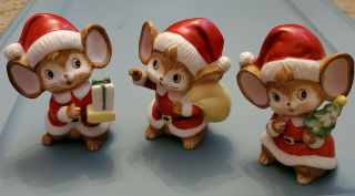 3 Vintage Homco Christmas Mice 5405 Taiwan Ceramic Santa Mouse 4 " Each