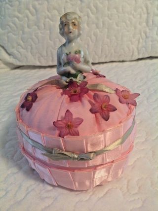 Vtg Porcelain Half Doll Holding Flowers In Pink Flowered Dress Pincushion Japan