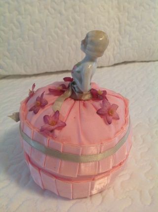 Vtg Porcelain Half Doll Holding Flowers in Pink Flowered Dress Pincushion JAPAN 2