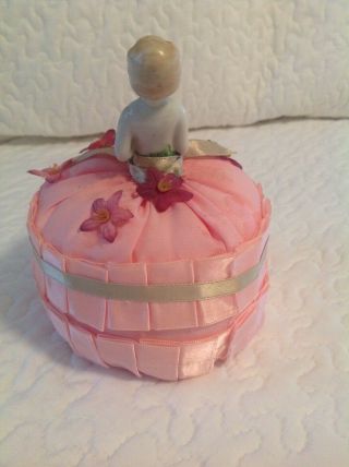 Vtg Porcelain Half Doll Holding Flowers in Pink Flowered Dress Pincushion JAPAN 3