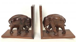 Vintage Carved Wooden Elephant Bookends Figurines