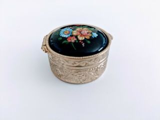 Vintage Ceramic Blue Flower Floral Lid Etched Silver Hinged Pill Trinket Box