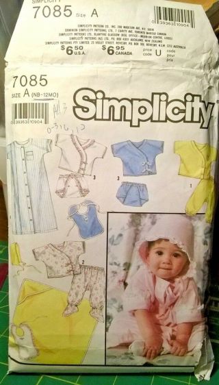 Simplicity 7085 Baby Newborn To 12 Months (c) 1990 Layette Clothes Sewing Pattern
