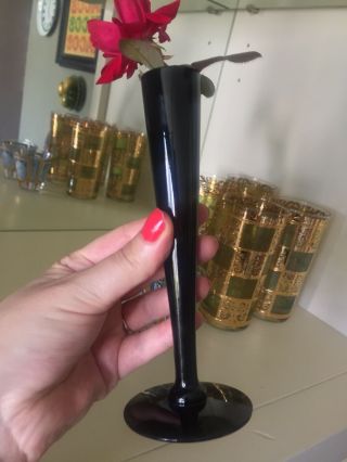 All Black Glass Bud Vase With Footed Base Vintage Elegant 6.  5”