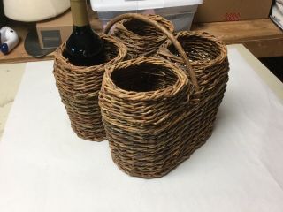 Vintage 4 Bottle Holder Wicker Basket With Handle (bottle Not)