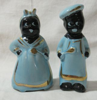 Vintage African - American Ceramic Blue Chef Salt And Pepper Shakers