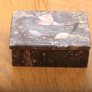 Vintage Brown Marble Trinket Jewelry Box With Pink Flower Inlay Made In India