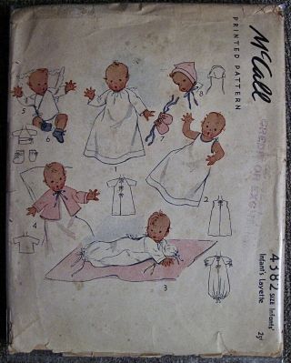 Vintage Mccall Infant Layette Pattern 4382 One Size Dress Slip Sacque Bootees