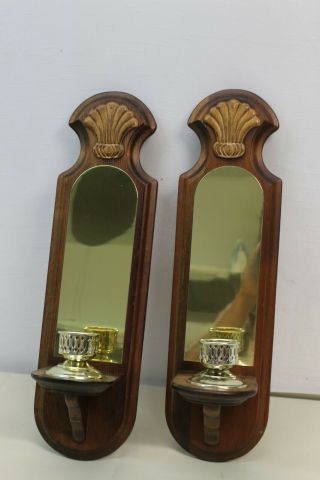 2 Vintage Wall Sconces Wood.  With Mirror.  Wooden Candle Holders