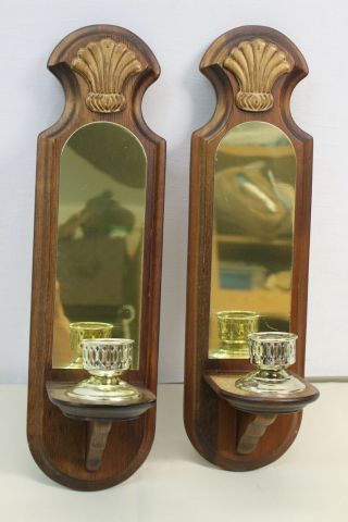 2 Vintage Wall Sconces Wood.  With Mirror.  Wooden Candle Holders 2