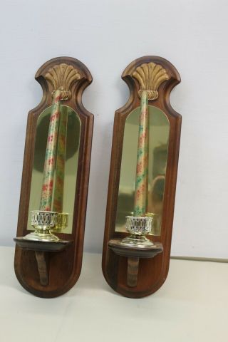 2 Vintage Wall Sconces Wood.  With Mirror.  Wooden Candle Holders 3