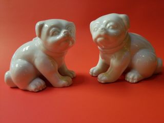 Pair Fitz And Floyd Vintage White Ceramic Chubby Pug Figurines