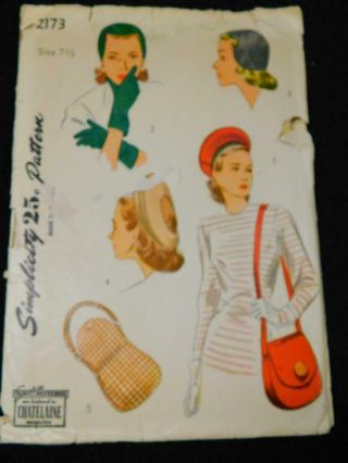 Vintage Simplicity Sewing Pattern 2173 Hat Bag & Gloves Size 7 1/2 Accessory Set