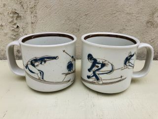 Set 2 Vintage Skier Skiing Racing Sport Mugs Ceramic Blue Brown Speckled Otagiri