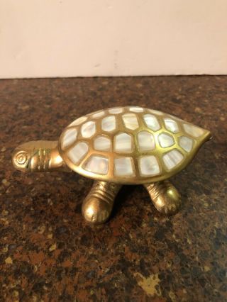 Brass Turtle With White Abalone On Lid Hinged Trinket Box