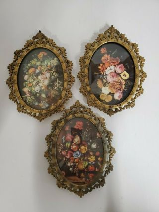 Set Of 3 Vintage Action Oval Ornate Metal Brass Picture Frames Italy Florals