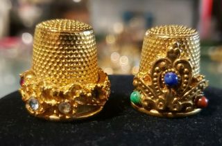 2 Vintage Gold Tone Ormolu Thimbles With Crystals,  1 Marked Spain