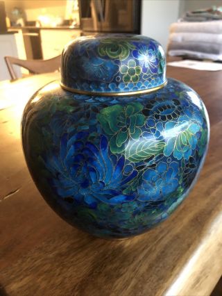 Vintage Antique Chinese Urn Ginger Jar Cloisonne Enamel Brass Blues & Greens 8”