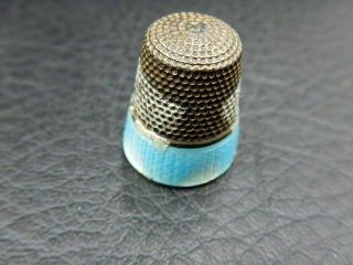Vintage Thimble Sterling Silver W/ Blue Guilloche Enamel Band Around Bottom