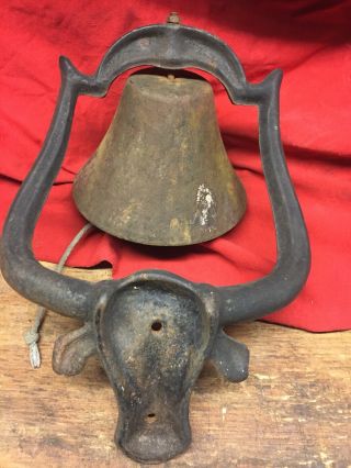 Vintage Cast Iron 6 1/4 Inch Dinner Bell Longhorn Steer Bull Cow Wall Mount 3